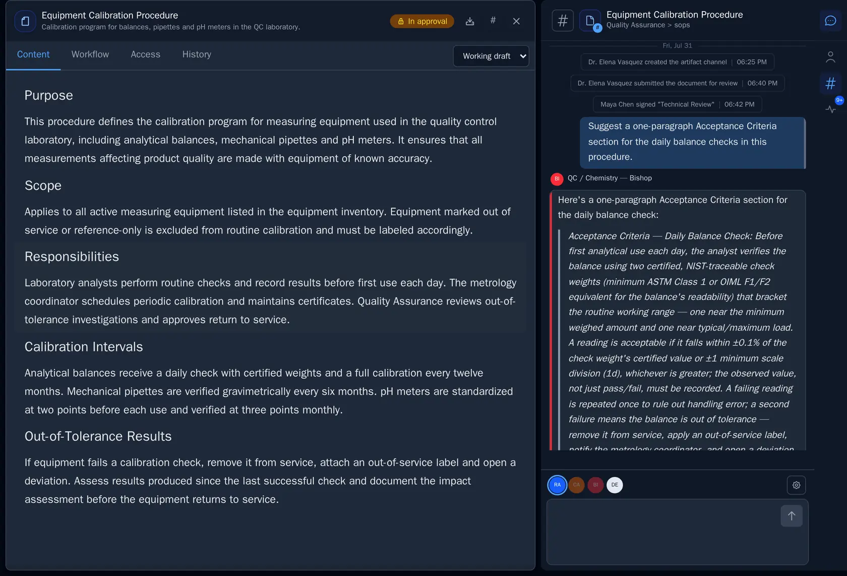 An AI teammate contributing in the conversation beside a scientific document