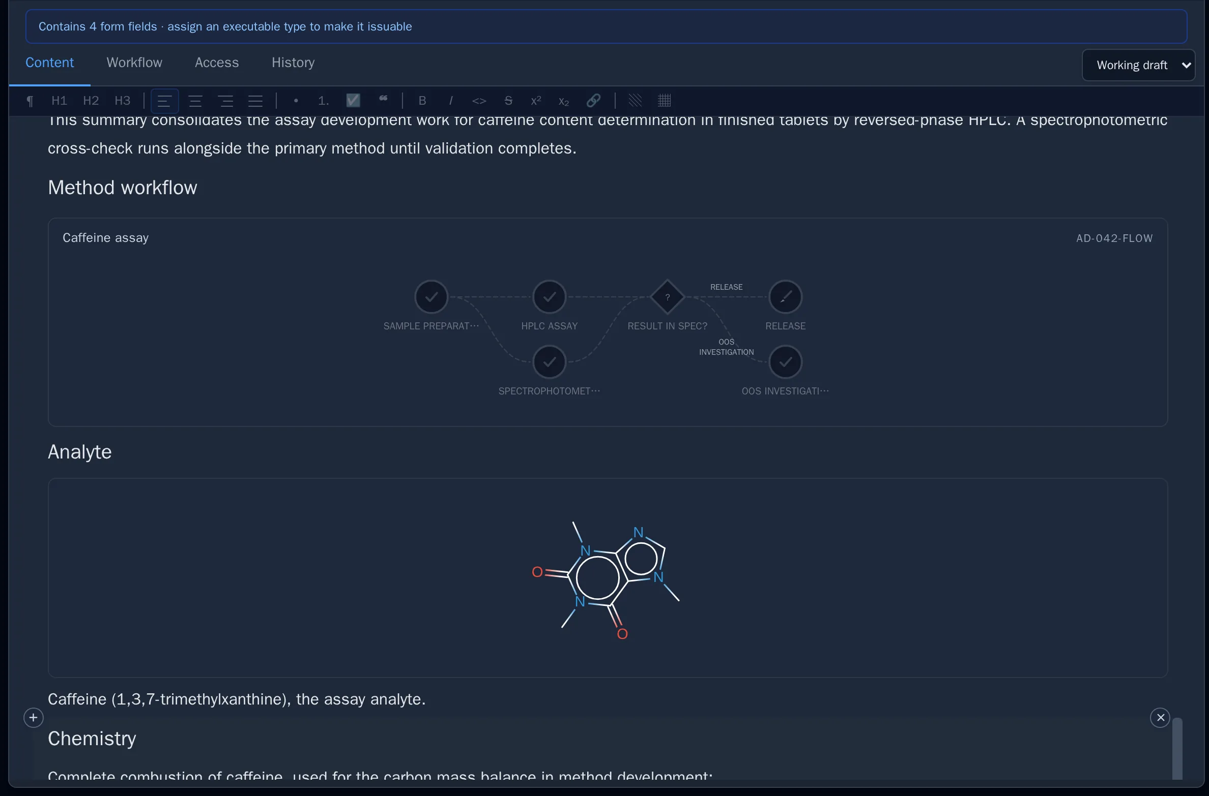 A SIMS document rendering a process diagram, a molecule structure, and calculated fields